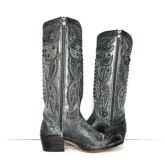 Frye Deborah Deco Tall Studded Distressed Leather Western Boots Women’s 6 Shoes - Picture 5 of 11